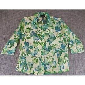 Elementz Womens Blouse Shirt Sz M Green Butterfly 3/4 Sleeve Button Up Collared